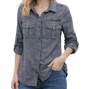 O’Neill Button Down Shirt Small‎ Blue Tab Sleeve Utility Casual Lightweight
